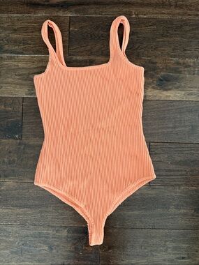 debut Ribbed Peach/Coral Square Neck Bodysuit
